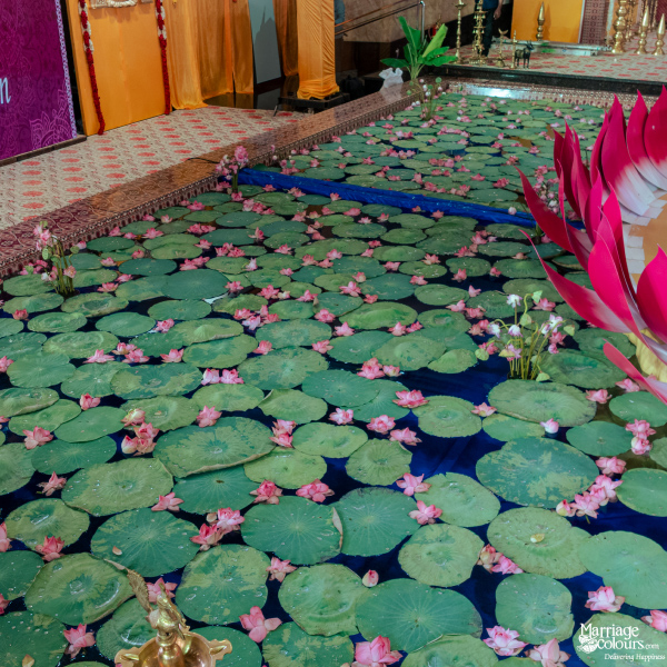 A serene close-up of a decorative pond filled with large green lotus pads and numerous small pink water lilies.
