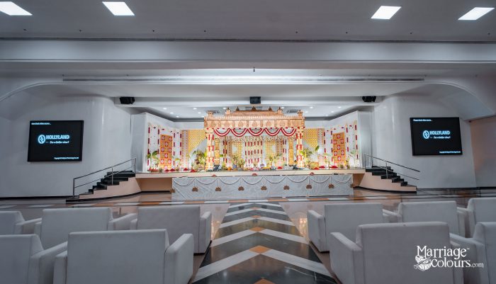 South Indian wedding hall with golden mandap